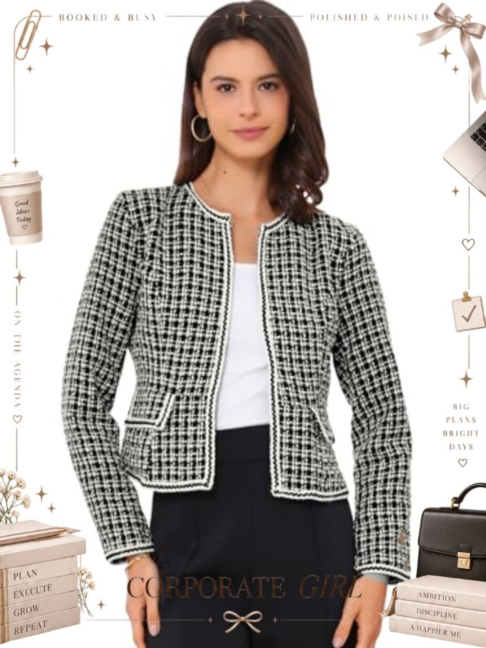 Tweed Plaid Long Sleeve Open Front Collarless Short Blazer Jacket